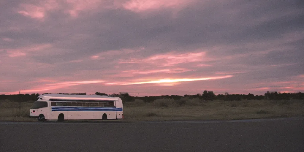 Prompt: exterior of a greyhound bus in the middle of nowhere, sunset, eerie vibe, leica, 2 4 mm lens, cinematic screenshot from the 2 0 0 1 film directed by charlie kaufman, kodak color film stock, f / 2 2, 2 4 mm wide angle anamorphic