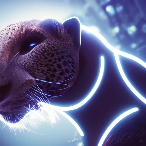 Image similar to closeup profile shot of a neon electric cheetah, city lights, strong bokeh, dramatic, cinematic, high contrast, octane render, cgsociety, 4k