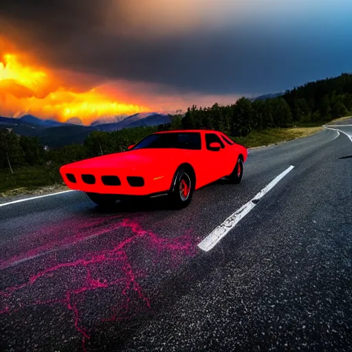 Image similar to nightmarish creatures rushing towards car, black pontiac firebird trans - am driving towards the camera, norway mountains, red glow in sky, valley, large lake, dynamic, cinematic, motionblur, volumetric lighting, wide shot, low angle, large lightning storm, thunder storm