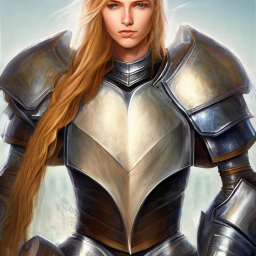 Prompt: fantasy RPG symmetrical portrait, centered shoulders up view, young blonde woman, blonde hair, blue eyes, iron plate armour, pale skin, 4k, by Marc Simonetti, highly detailed, soft lighting 8k resolution