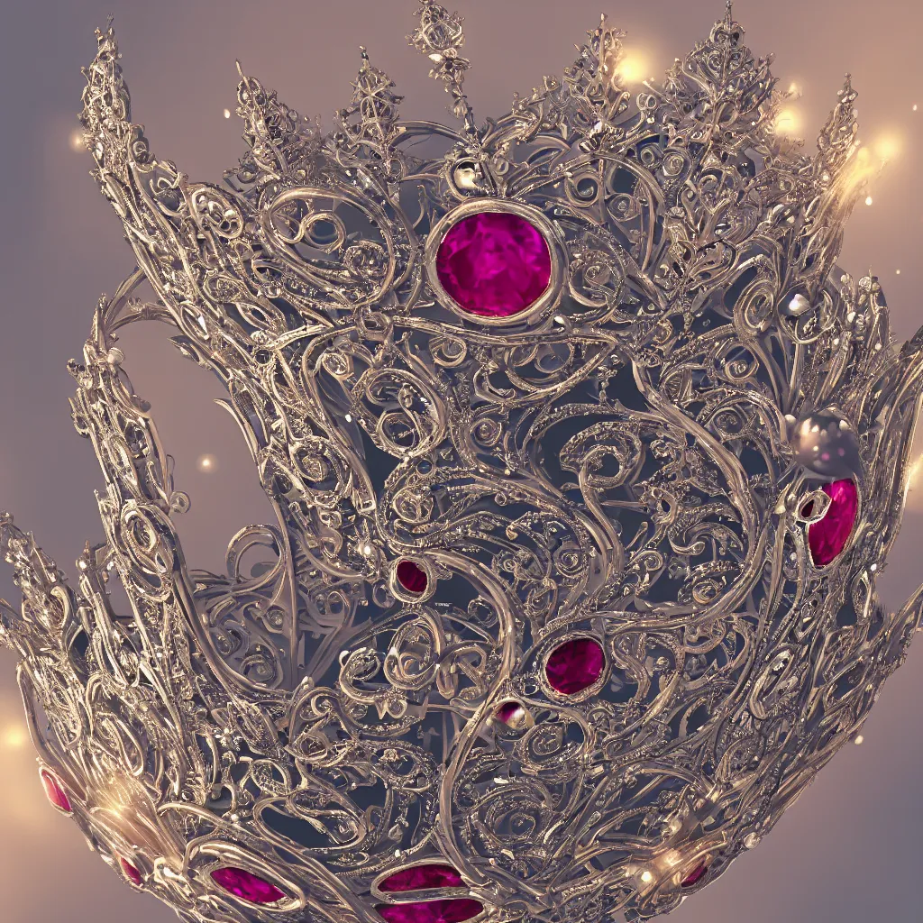 Prompt: a beautiful photorealistic queen's crown design made of platinum glowing in sparkles with heavenly notes neo rococo, diamond and ruby, highly detailed sailor moon aesthetic, fantasy, intricate, elegant, highly detailed, digital painting, artstation, concept art, matte, sharp focus, illustration, in the style of aetherpunk, 8 k