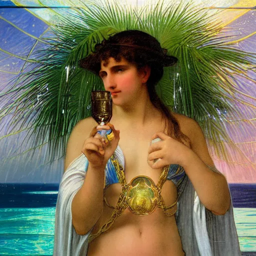 Prompt: Close up of the girl's chalice, refracted sparkles, thunderstorm, greek pool, beach and Tropical vegetation on the background major arcana sky, by paul delaroche, alphonse mucha and arnold böcklin, hyperrealistic 8k, award-winning, very very very detailed