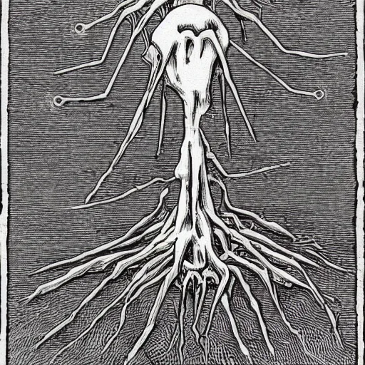 Image similar to bacteriophage woodcut by gustave dore, artstation