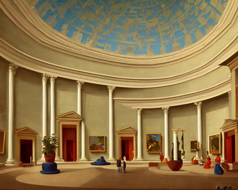 Prompt: an achingly beautiful print of the interior rotunda of an art museum with vibrant paintings lining the walls, potted plants, and classical antiquities by Raphael, Hopper, and Rene Magritte. detailed, romantic, enchanting, trending on artstation.