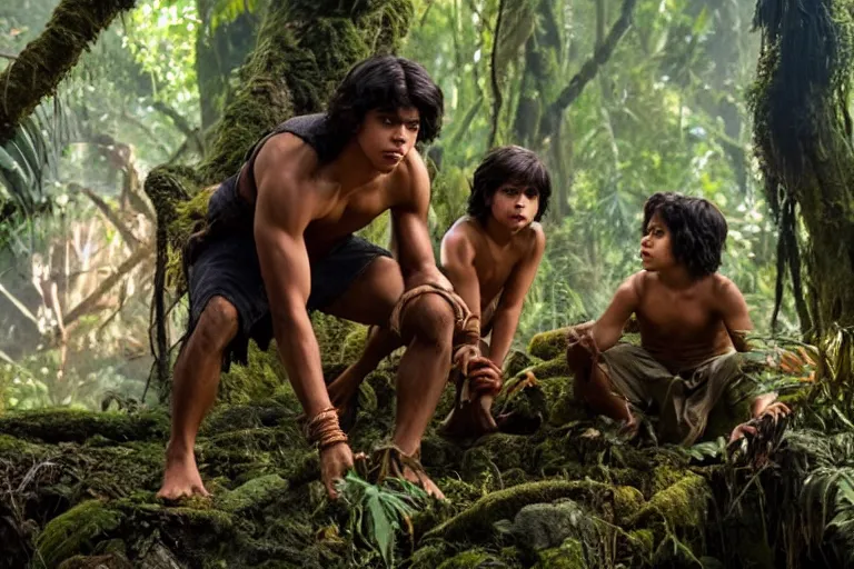 Prompt: jake t. austin plays mowgli in the live action adaptation of the jungle book, red weapon 8 k s 3 5, cooke anamorphic / i lenses, highly detailed, cinematic lighting