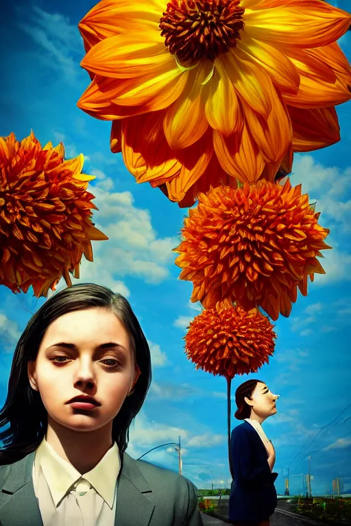 Image similar to closeup giant dahlia flower head, girl in a suit on a street, surreal photography, blue sky, sunrise, dramatic light, impressionist painting, digital painting, artstation, simon stalenhag