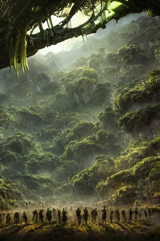 Image similar to alien hive in the exotic jungle, landscape, alex ross, giga, david finch, concept art, matte painting, highly detailed, rule of thirds, dynamic lighting, cinematic, detailed, denoised, centerd