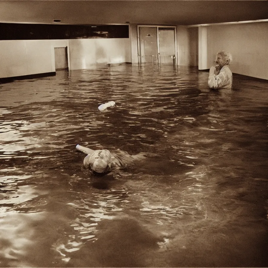 Image similar to 7 0 s movie still of an old man drowning in an empty soviet ballroom flooded in worms, cinestill 8 0 0 t 3 5 mm, heavy grain, high quality, high detail