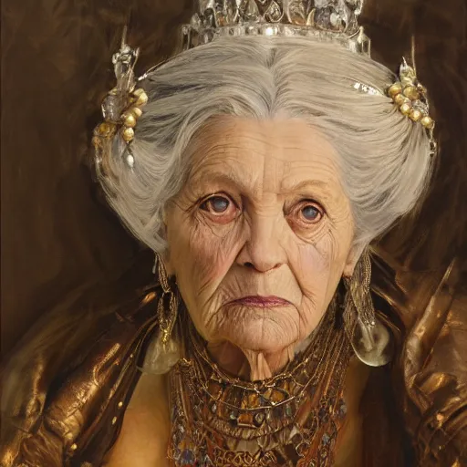 Image similar to highly detailed portrait of a majestic queen in the form of an old woman. d & d. art by donato giancola, eugene delacroix, ruan jia, carl larsson, peter mohrbacher. trending on artstation, intricate details, energetic composition, golden ratio, concept art, illustration, elegant art, global illuminaition