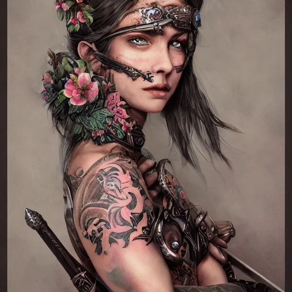 Prompt: christine henderson as a female warrior, body covered in floral tattoos, d & d, fantasy, highly detailed, digital art, trending on artstation, smooth, sharp focus, illustration, art by peter tang and artgem