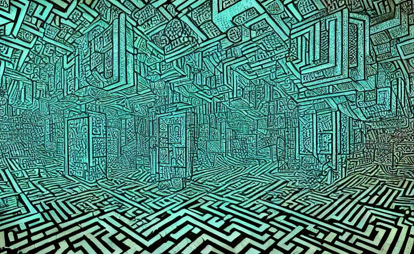 Image similar to interior of an elaborate labyrinth of runic cubes, ancient overgrown, dark teal, endless maze - like runes, sharp high detail, masterpiece by satoshi kon, crystal cubism, greeble, tesseract, darksynth, high definition