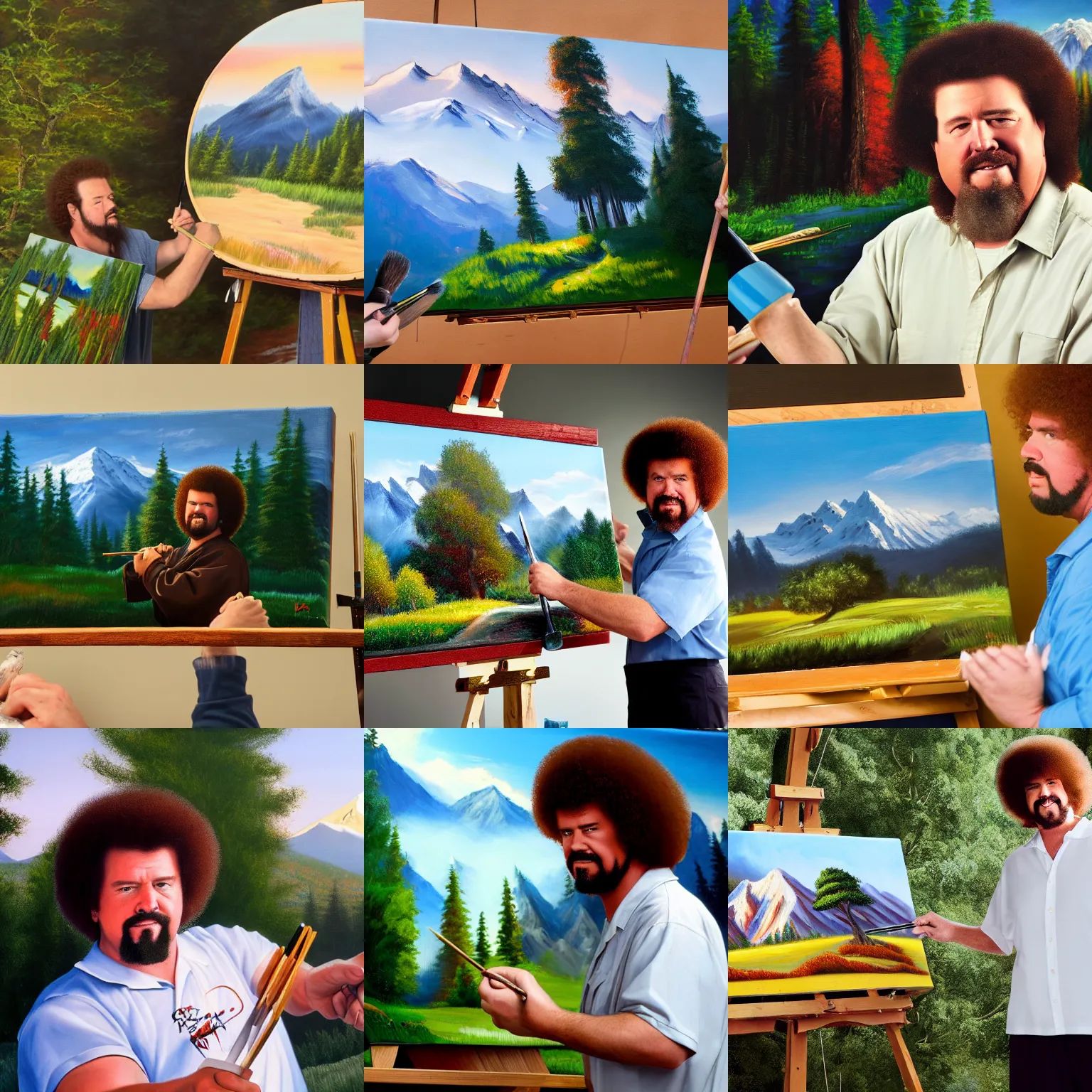 Image similar to a closeup photorealistic photograph of bob ross polishing a canvas painting of kenny powers. mountains and trees. film still. brightly lit scene. this 4 k hd image is trending on artstation, featured on behance, well - rendered, extra crisp, features intricate detail, epic composition and the style of unreal engine.