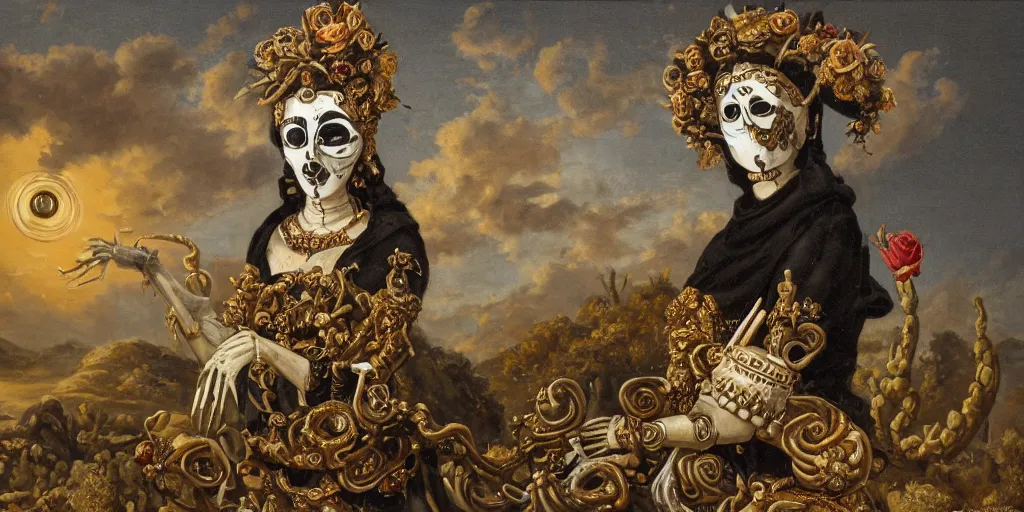 Image similar to antique oil painting of a woman with metalic gold skeleton mask, wearing white and black virgin attire wearing an aureola made of gold, cactus and pearls over the head, holding a rose in a hand, with warm sunset backlight reflecting on a whirlpool of clouds forming acircular background. sunset light. beneath there's a barren land with serpents.