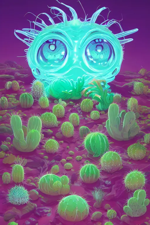 Image similar to roots cactus sushi cristal smurf ghost creature animal sushi cristal very big eye roots cactus elemental flush of force nature micro world fluo fishscale, behance hd by jesper ejsing, by rhads, makoto shinkai and lois van baarle, ilya kuvshinov, rossdraws radiating a glowing aura global illumination ray tracing hdr