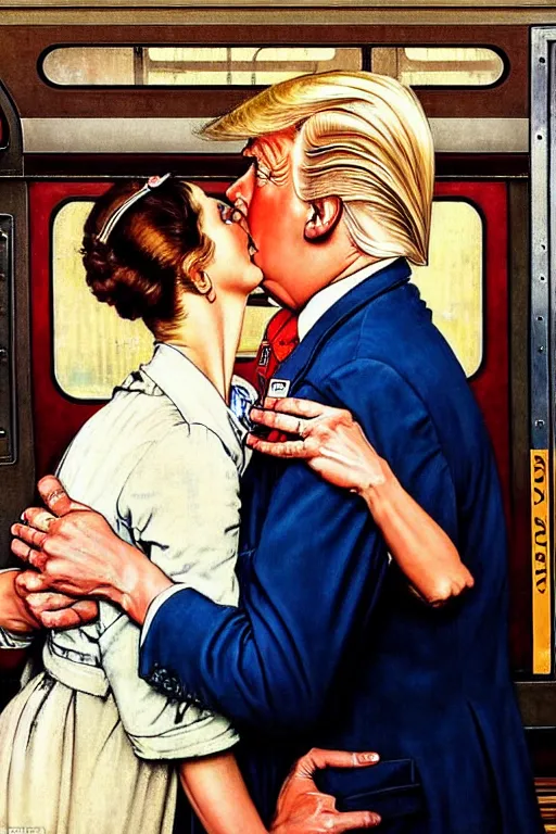 Image similar to romantic couple reunited in a train station, norman rockwell painting of donald trump kissing donald trump