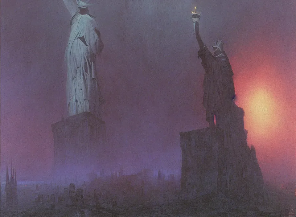 Image similar to the blind liberty of the few, red and purple palette, volume light, fog, by caspar david friedrich by ( h. r. giger ) and paul lehr