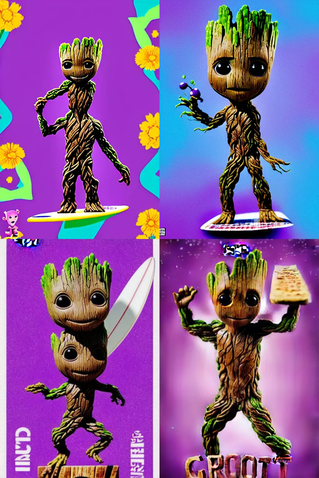 Prompt: llittle cute Groot surfs on a bar of purple soap, poster, by disney plus