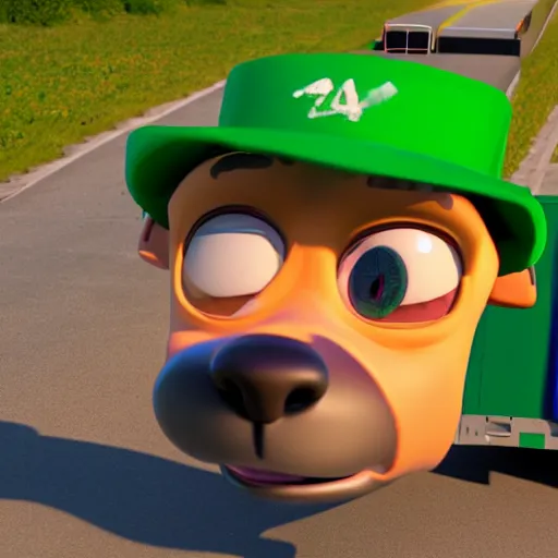 Image similar to garbage man mixed breed dog, green hat, green garbage truck, 3 d model, cartoony, pixar style, artstation, unreal engine, on the side of the road, sunrise, 4 k, ultra quality