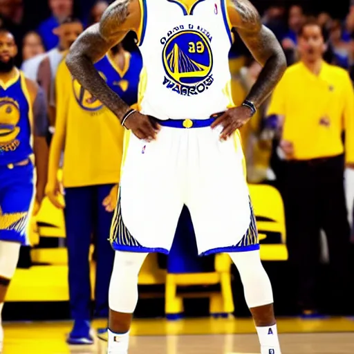 Prompt: professional close!!! up shot photograph of lebron james wearing a golden state warriors jersey in an nba game, wearing nba jersey, standing, clear image, as seen on getty images, smooth, uncompressed,