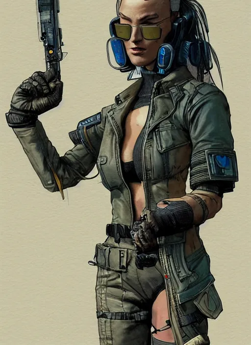 Image similar to cyberpunk mercenary in military vest and jumpsuit. portrait by stonehouse and mœbius and will eisner and gil elvgren and pixar. realistic proportions. cyberpunk 2 0 7 7, apex, blade runner 2 0 4 9 concept art. cel shading. attractive face. thick lines.