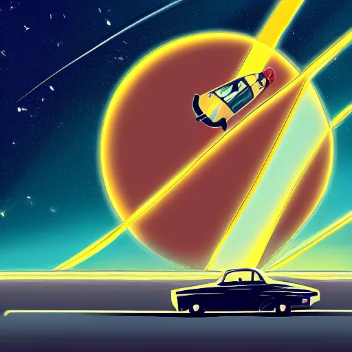 Prompt: 1960s car on a road in space driving towards a planet, trending on art station