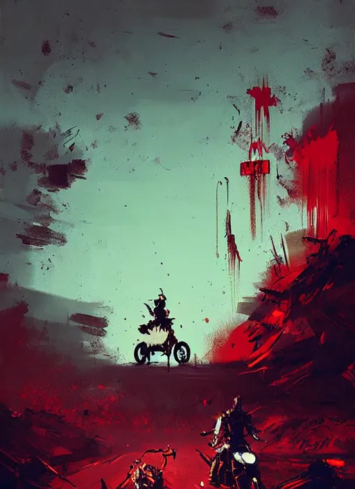 Prompt: horror art, motorbikers fight in hell, red peaks in the background, art by ismail inceoglu