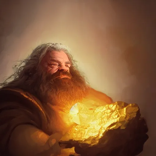 Prompt: portrait of a dwarf hugging the humongous raw, unrefined gold nugget, lump of native gold, realistic, beautiful eyes, fantasy art, dnd, lord of the rings, mid - shot, moody lighting, by greg rutkowski, wlop, artgerm, trending on artstation, concept art, sharp focus, ray tracing