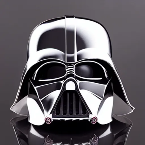 Prompt: fan made red chrome darth vader helmets