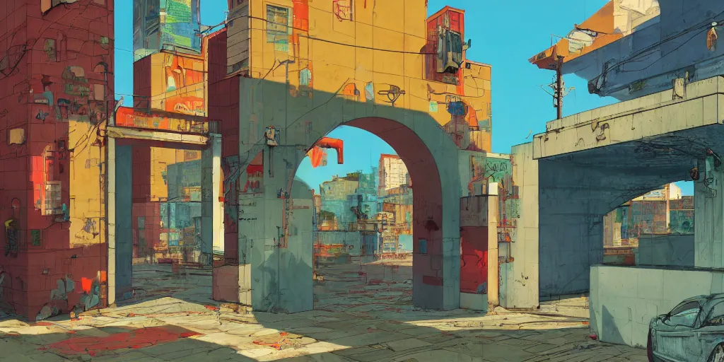 Image similar to neo brutralism, concrete housing, an archway, concept art, colorful, vivid colors, sunshine, light, shadows, reflections, oilpainting, cinematic, 3D, in the style of Akihiko Yoshida and Edward Hopper