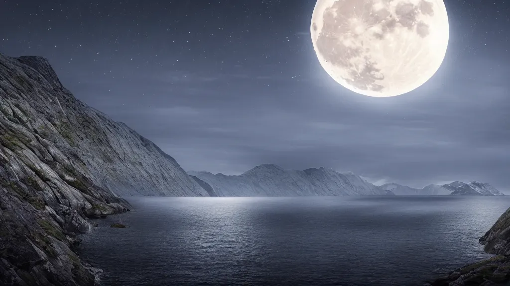 Image similar to a night view of the full moon above fjords, dark, very dark, blue, almost black, dark, dark, dark, dark, moon on the right, moon on the right, moon located on the right, the moon is on the right side, matte painting, concept art, 4 k