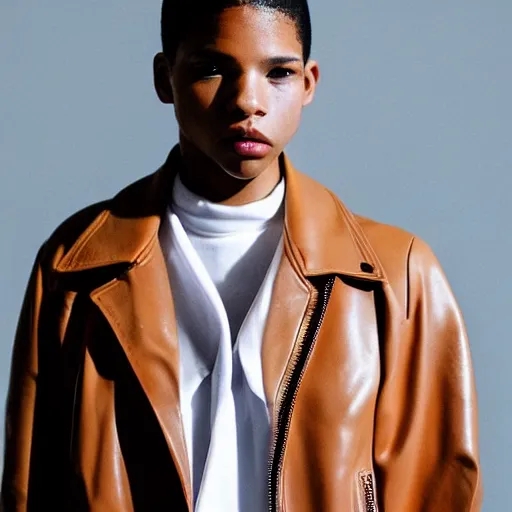 Image similar to realistic photoshooting for a new acne studio lookbook, color film photography, portrait of a beautiful woman, model wearing a leather jacket, by photo in style of tyler mitchell, 3 5 mm,