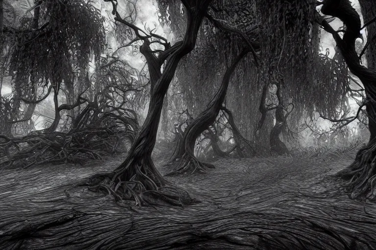 Prompt: a black and white drawing of a tree in a forest, an ambient occlusion render by Ben Templesmith, featured on zbrush central, gothic art, made of vines, biomorphic, lovecraftian