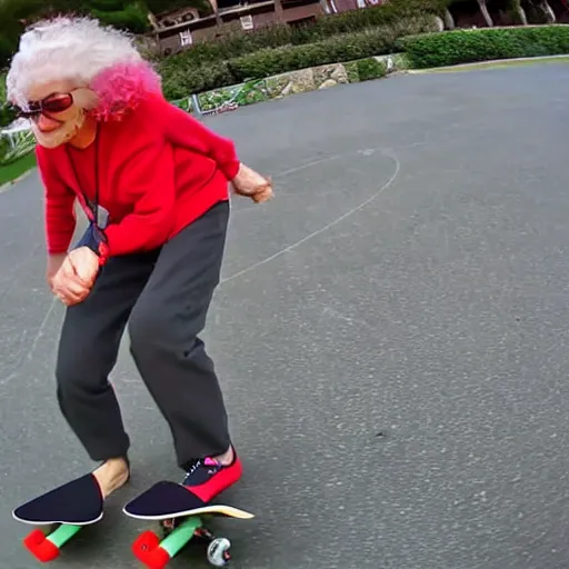 Prompt: cool grandmother skateboard video, fisheye lens, go pro, 4k