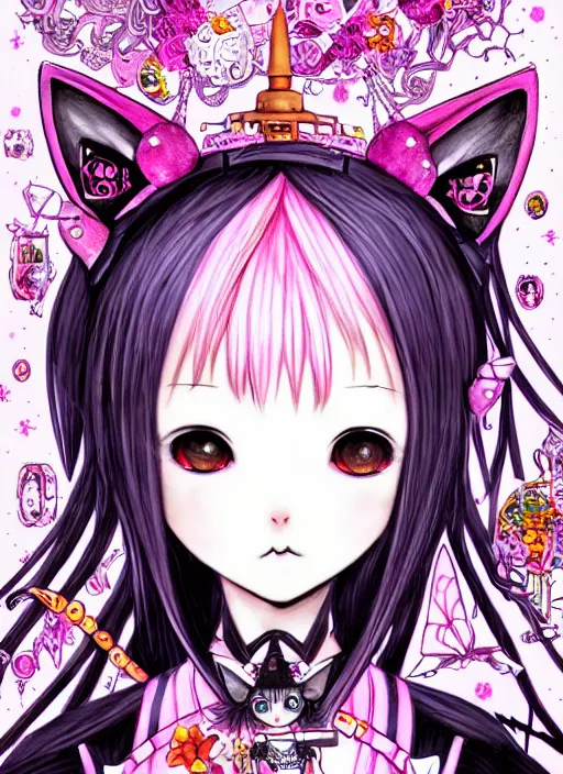 Prompt: dark fantastic manga beautiful cat girl witch aside a grait robot, pink hair, rococo dress, symmetrical face, portrait, cute, fairy, by mai yoneyama, takeshi obata, katsuhiro otomo, detailed background, artstation, highly detailed, colorful, maximalist