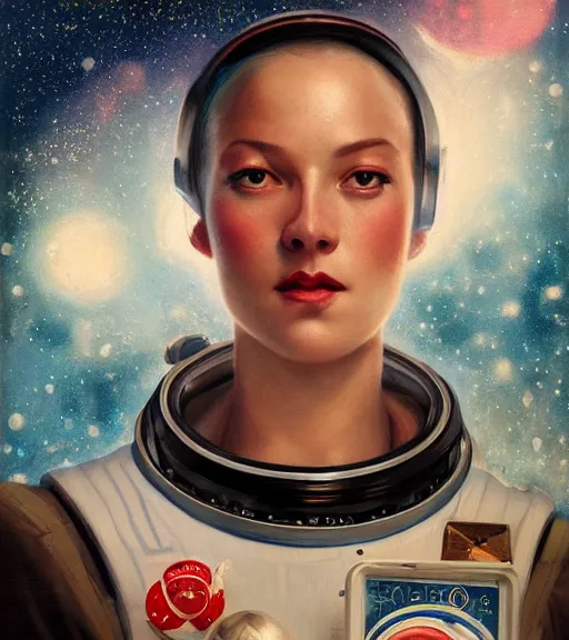 Prompt: portrait of an astronaut in 3 0 s, surrounded by stars by karol bak, james jean, tom bagshaw, rococo, trending on artstation, cinematic lighting, hyper realism, octane render, 8 k, hyper detailed