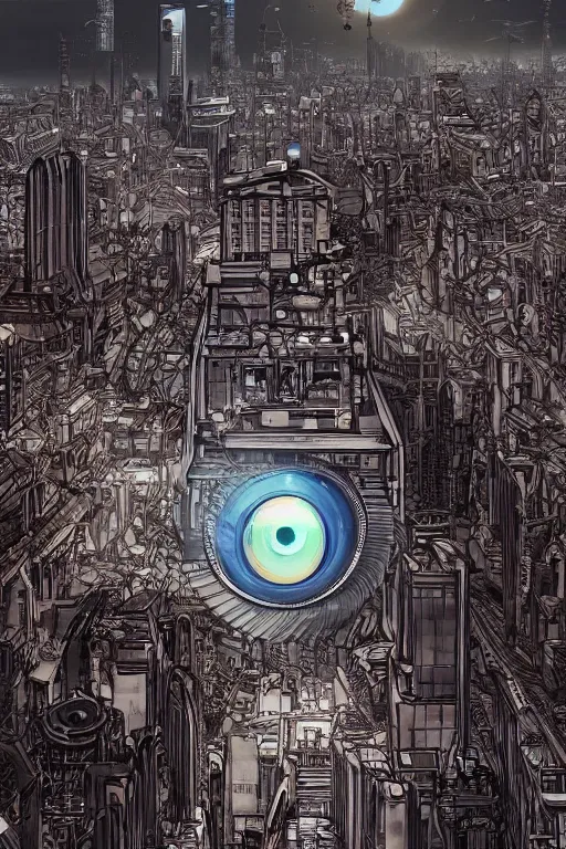 Prompt: biomechanical robot eye overlooking a desolate metropolis, fantasy, volumetric lighting, professional illustration by junji ito