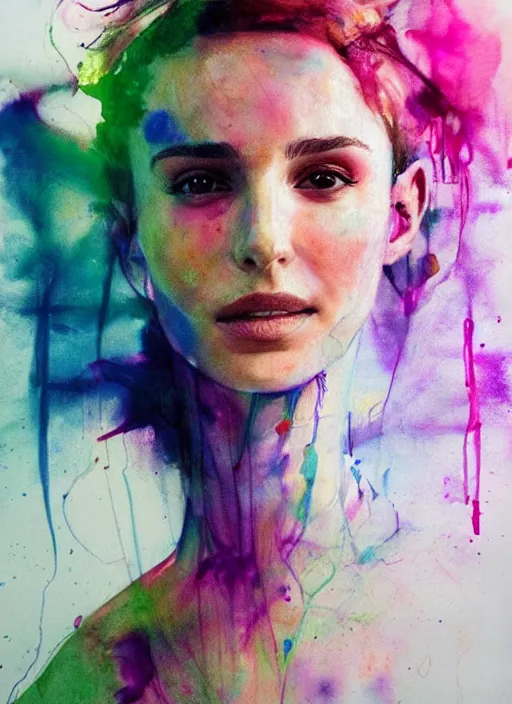 Prompt: sexy seducing smile nathalie portman by agnes cecile, half body portrait, extremely luminous bright design, pastel colours, ink drips, autumn lights