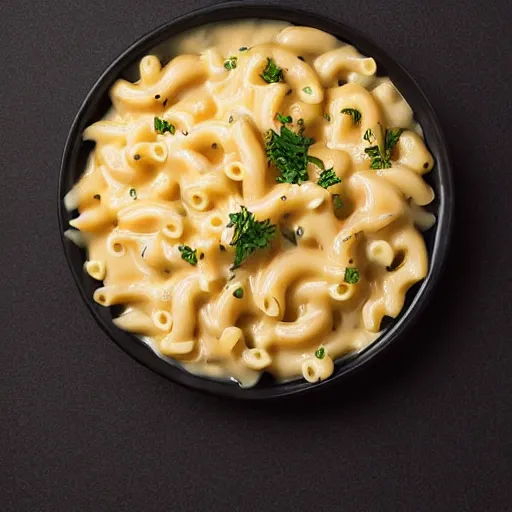 Image similar to tuna mac and cheese food photography black background soft focus in the style of Alan De Herrera