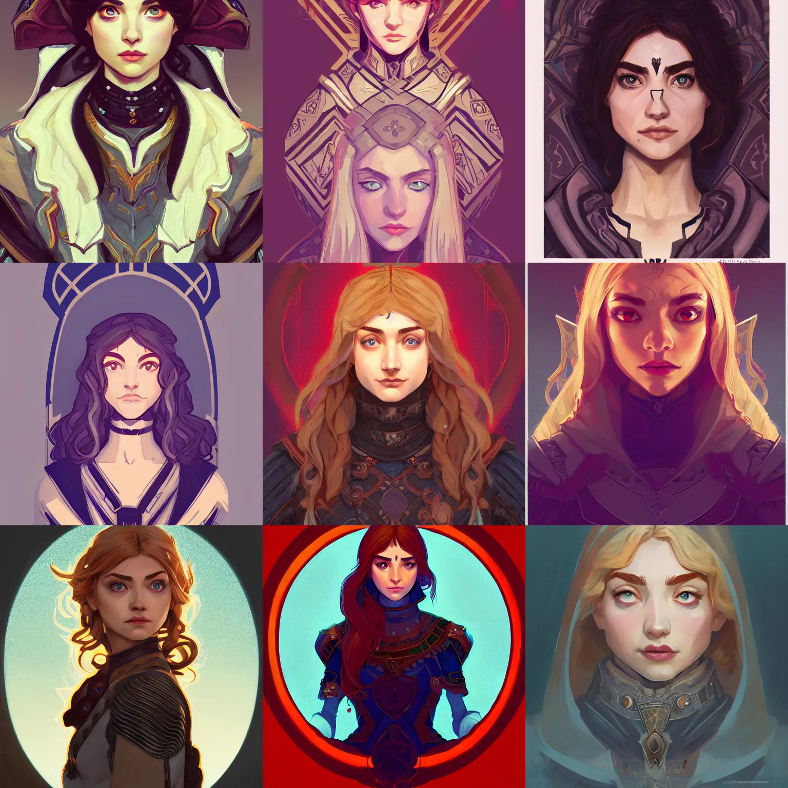 Prompt: front facing symmetrical centered painted portrait, just one head, Imogen Poots as a D&D Paladin, RPG character avatar, Mucha illustration, global illumination lighting, trending on artstation, by lois van baarle, ilya kuvshinov, rossdraws