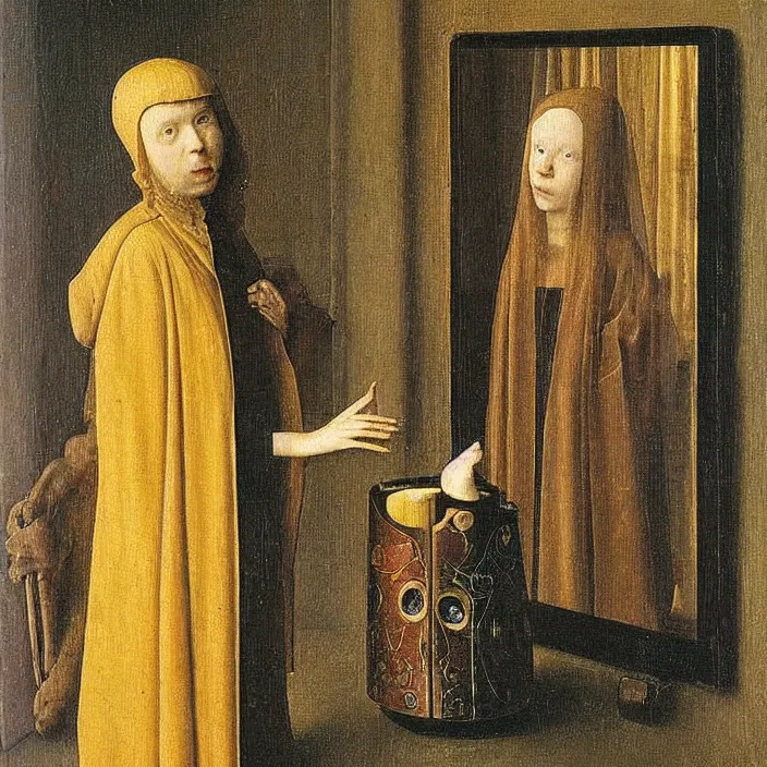 Image similar to infinity mirror with snail. painting by jan van eyck