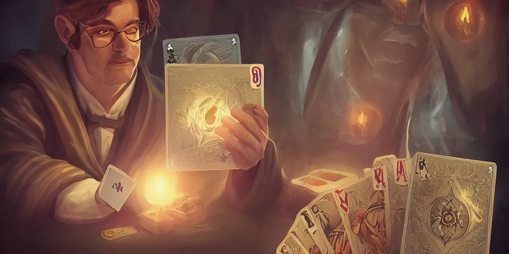 Image similar to handsome! wizard shuffling cards, cards, fantasy, digital art, soft lighting, concept art, 8 k