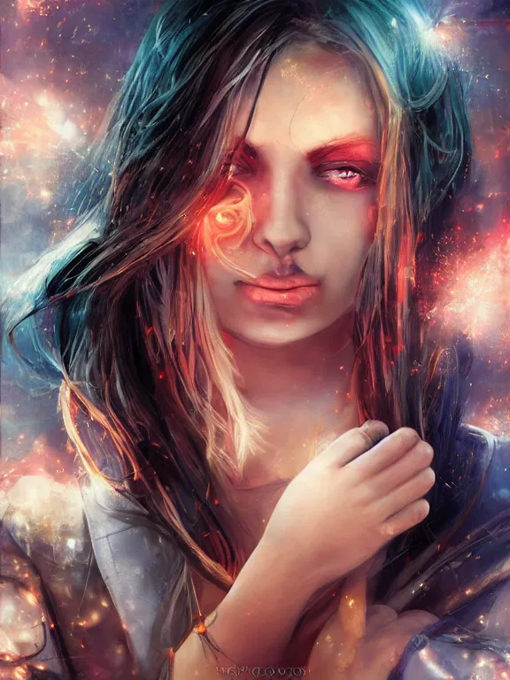 Image similar to digital illustration of a girl with eyes that burn like cigarettes wearing a short skirt and a long jacket with fingernails that shine like justice, dramatic lighting, photorealistic, full body shot, full body portrait, extreme detail, 4 k, colorful, artgerm and craig mullins, detailed face, m f / 2. 8