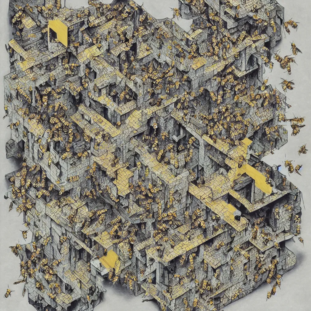 Image similar to metamorphic transition from the last bee on earth to, last selfie on earth, drawed by M. C. Escher colored by Hayao Miyazaki