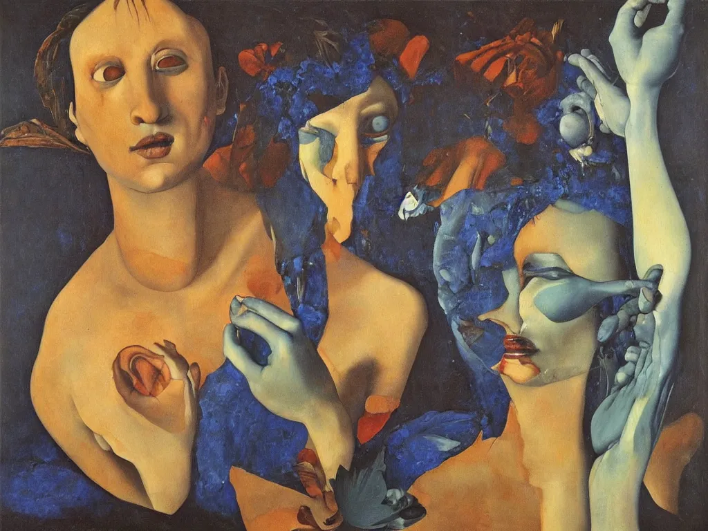 Prompt: Portrait of a lapis lazuli painted cannibal. Painting by Caravaggio, Georgia O'Keefe, Agnes Pelton, Max Ernst, Roger Ballen