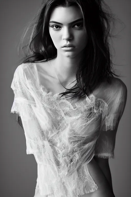 Image similar to emotionnal shot. fragile shy woman looking like Kendall Jenner with sheer dress with plunging neckline and lace sleeves. award-winning fashion photography. intimate and vulnerable lighting. 130mm bw fashion photography .