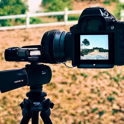 Prompt: “a high resolution picture of a camera on a tripod taking a picture of gourmet food”