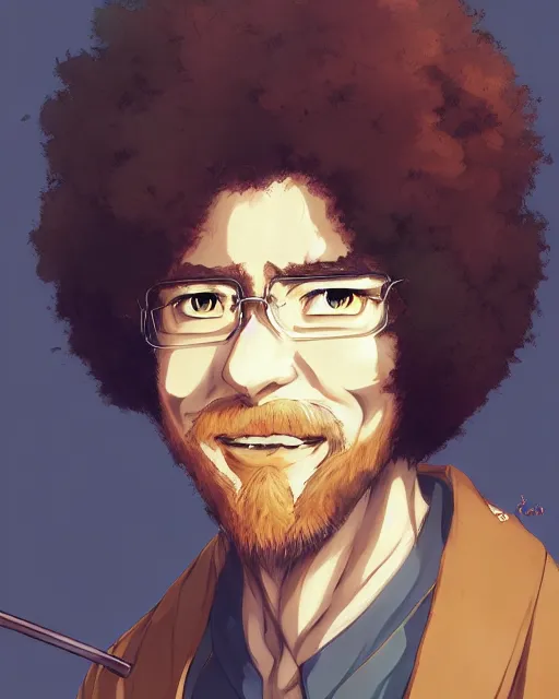 Prompt: anime portrait of Bob Ross as an anime man by Stanley Artgerm Lau, WLOP, Rossdraws, James Jean, Andrei Riabovitchev, Marc Simonetti, and Sakimichan, trending on artstation