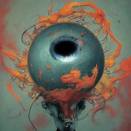 Image similar to a sphere being devoured by abstract splatters of paint in the style of francis bacon, venus being engulfed in flames in the style of james jean, surreal, beksinski, high detailed