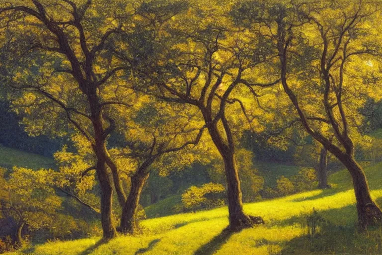 Image similar to masterpiece painting of oak trees on a hillside overlooking a creek, dramatic lighting, by daniel garber