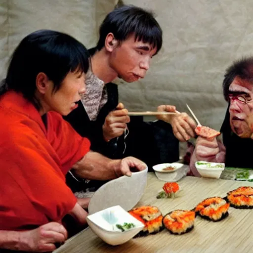 Prompt: neanderthal people in eurasia eating sushi 4 0 0 0 0 years ago